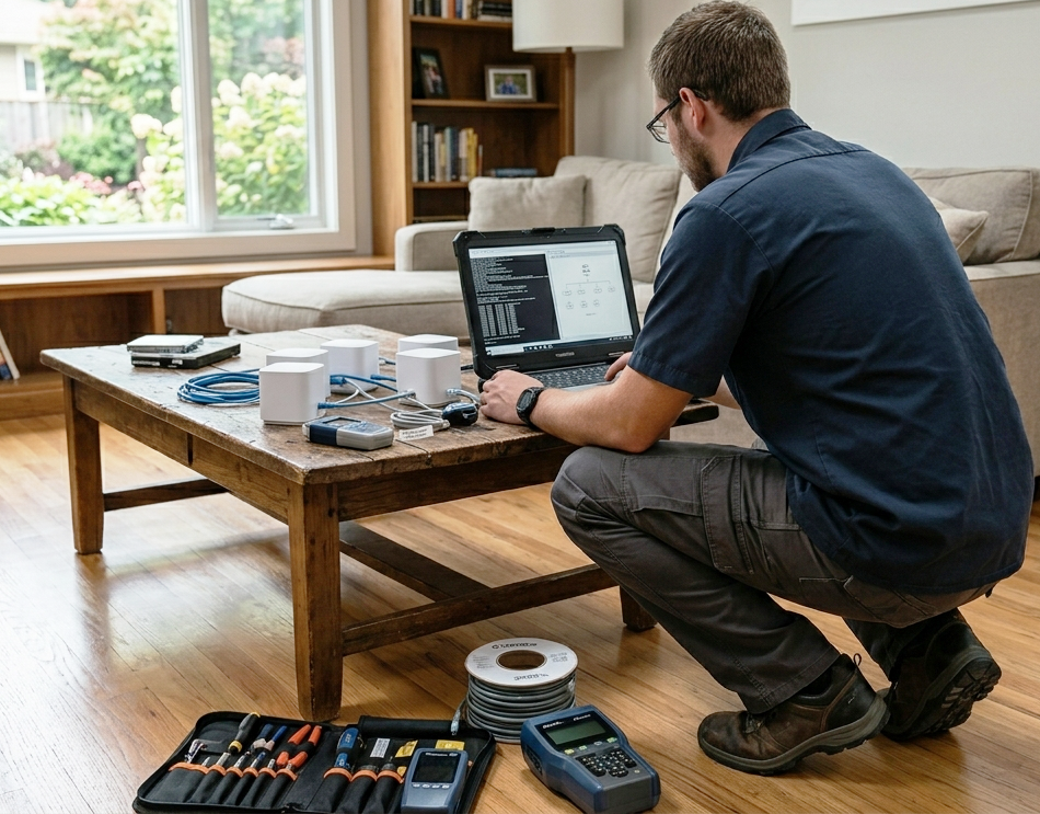 Técnico configurando red wifi mesh